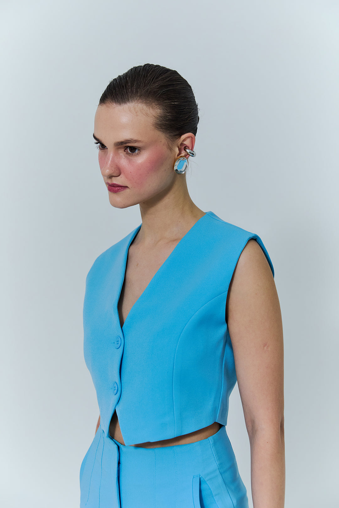 Düğme Detaylı Kısa Yelek Ceket Mavi