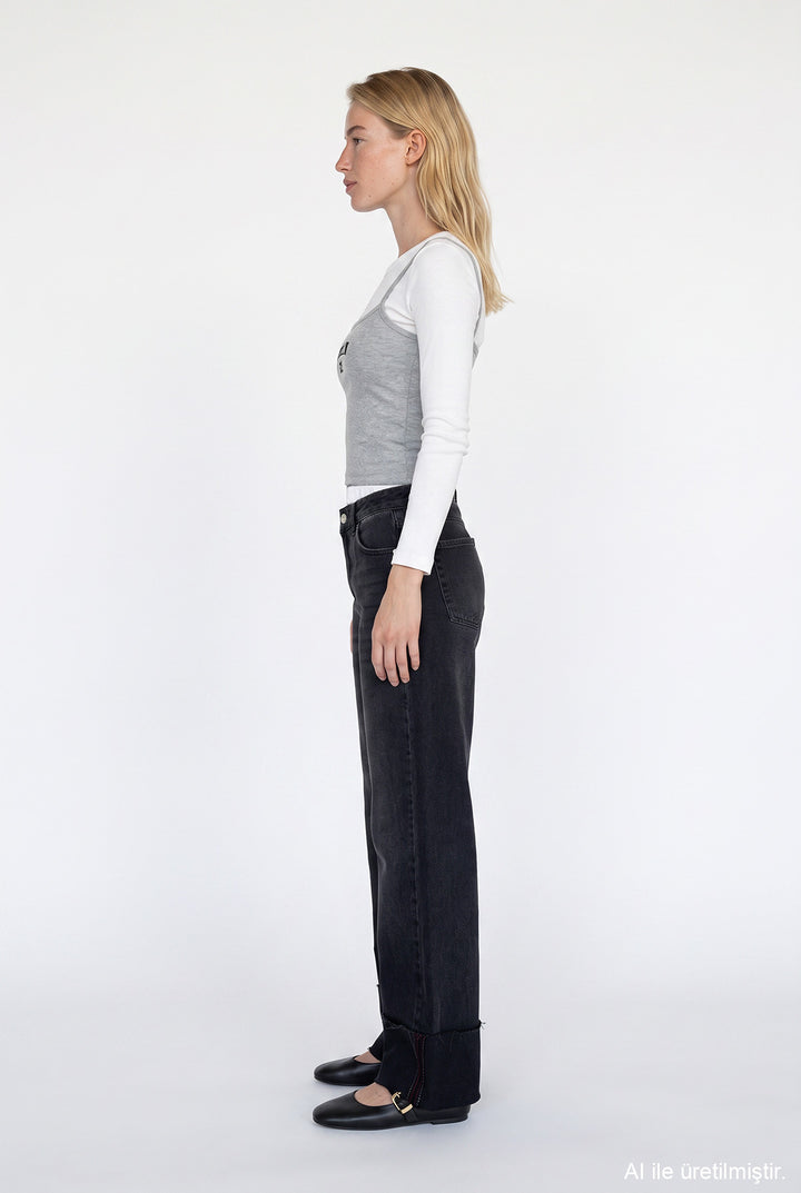 Katlamalı Paça Wide Leg Kot Pantolon Antrasit