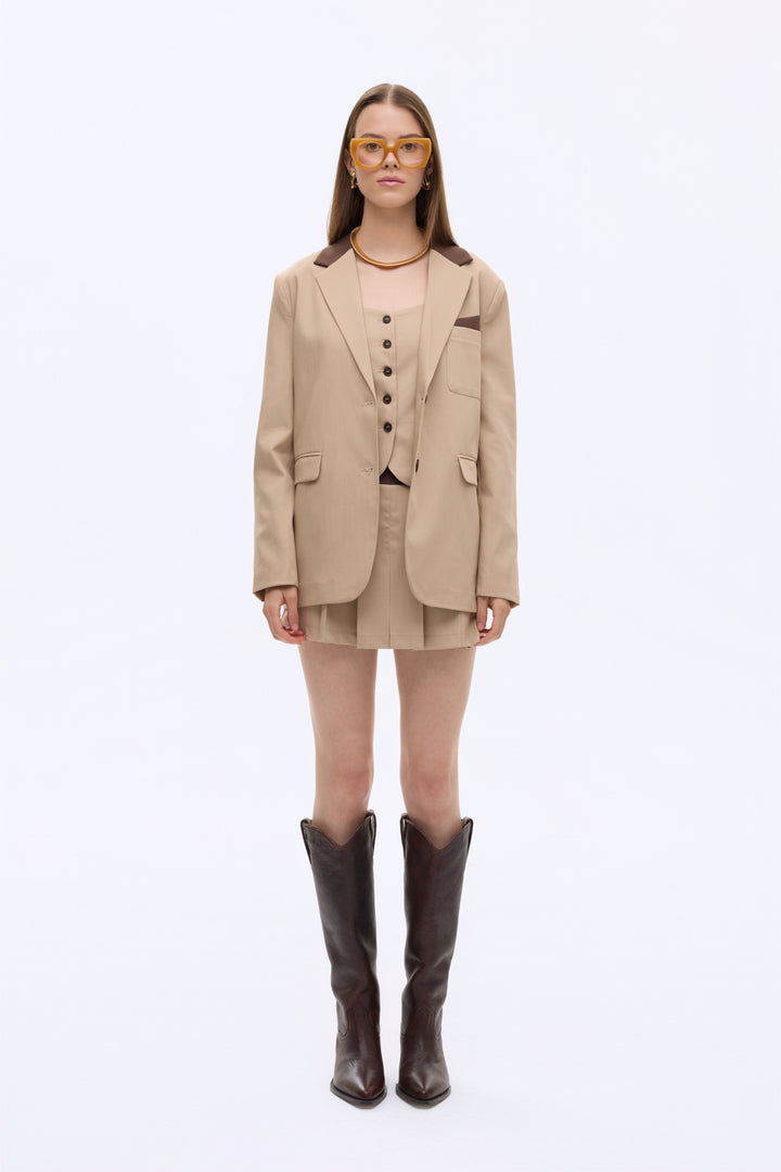 Kontrast Yaka Mendil Garnili Oversize Blazer Ceket Bej