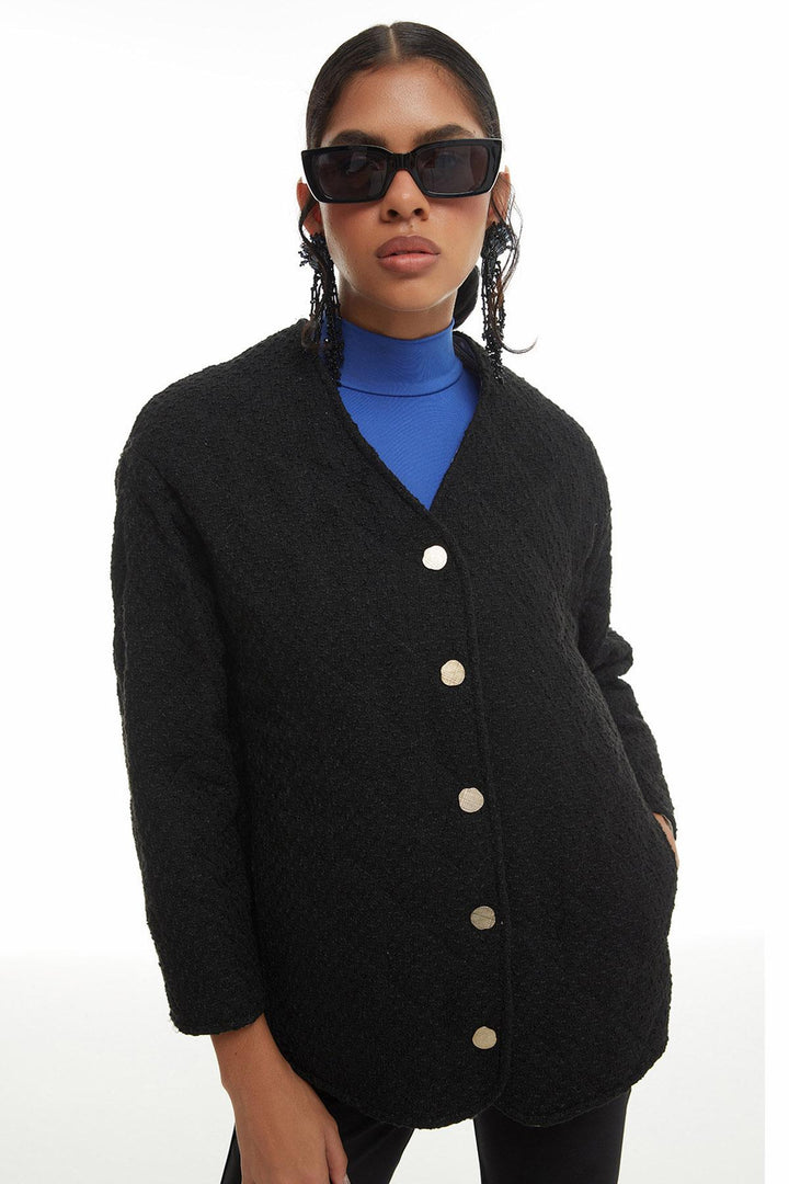 Kapitone Kaftan Kısa Ceket Siyah