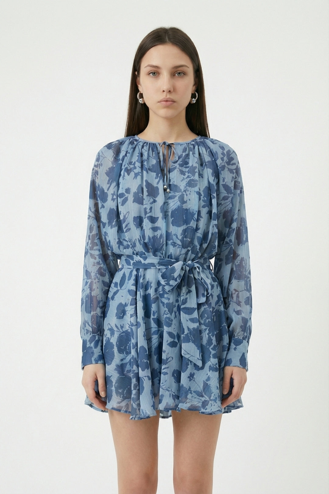 Çiçek Desenli Bağcıklı Mini Elbise Mavi
