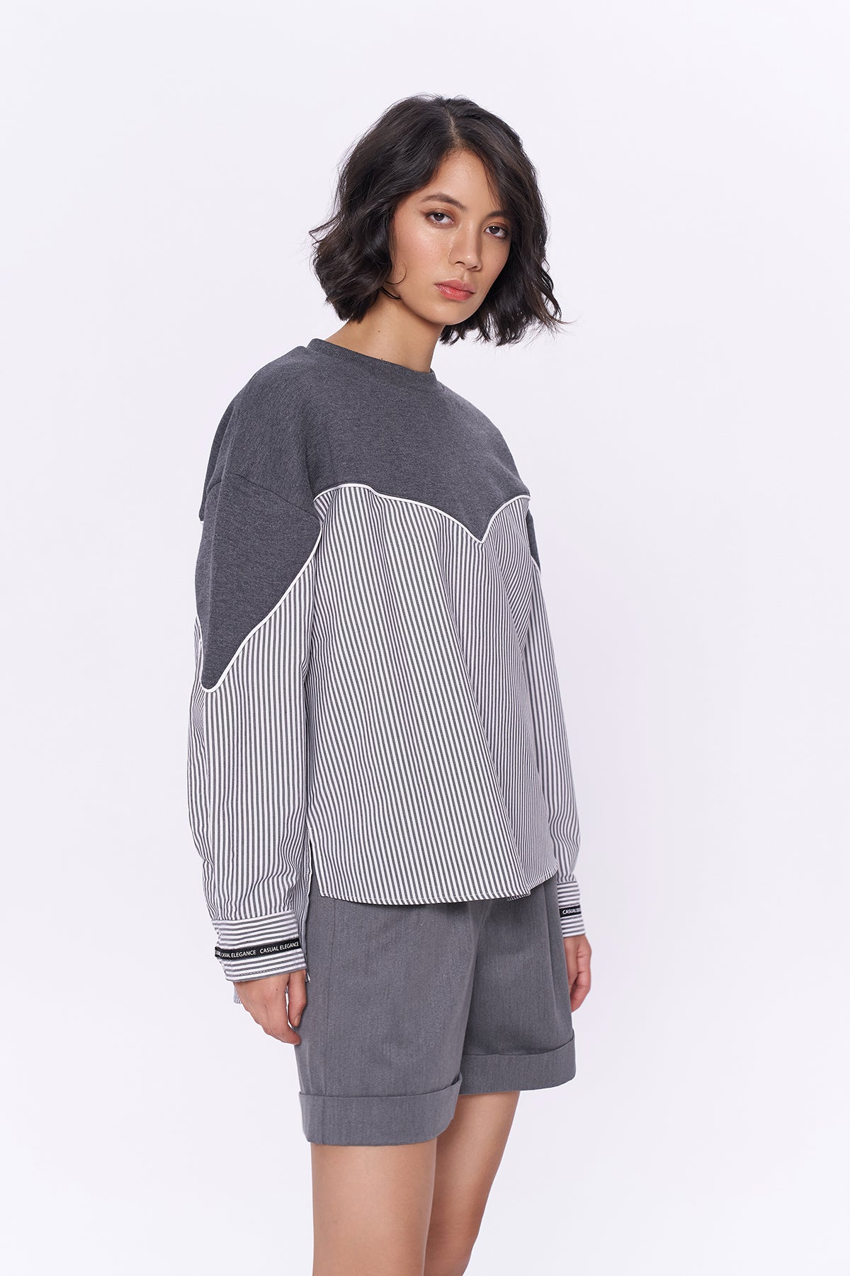 Çizgili Match Oversize Sweatshirt Gri