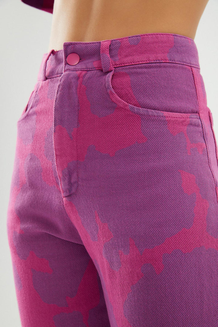 Desenli Gabardin Mom Pantolon Orkide