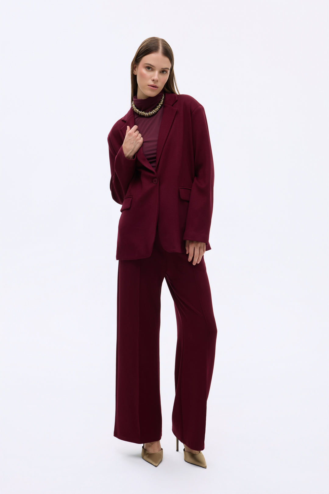 Tek Düğmeli Yumuşak Dokulu Oversize Blazer Ceket Vişne