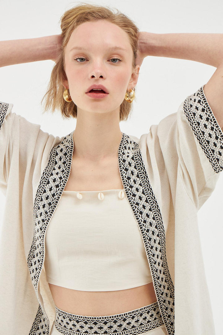 Striped Detailed Kimono Natural