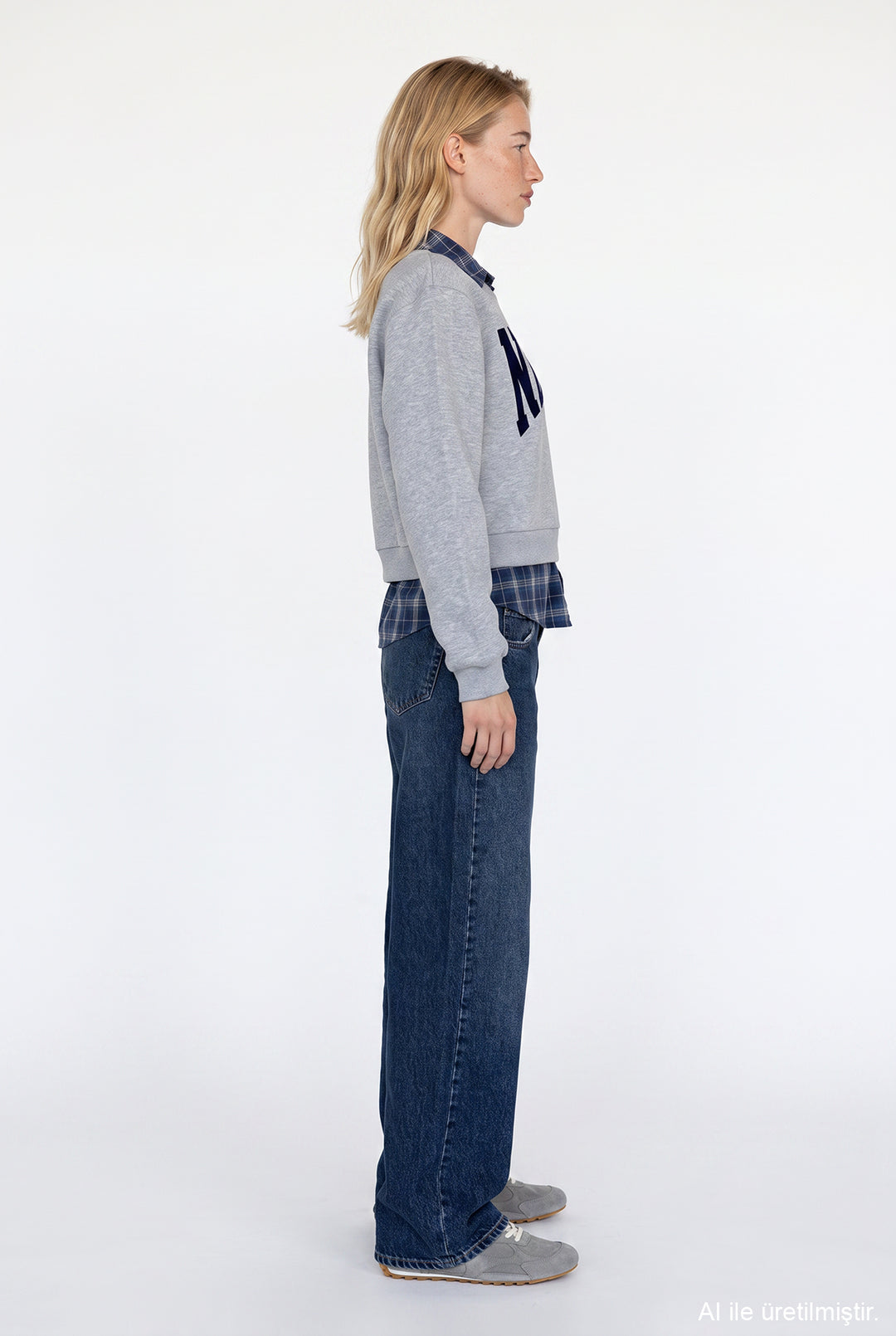 Ekose Garnili New York Yazılı Oversize Sweatshirt Grimelanj