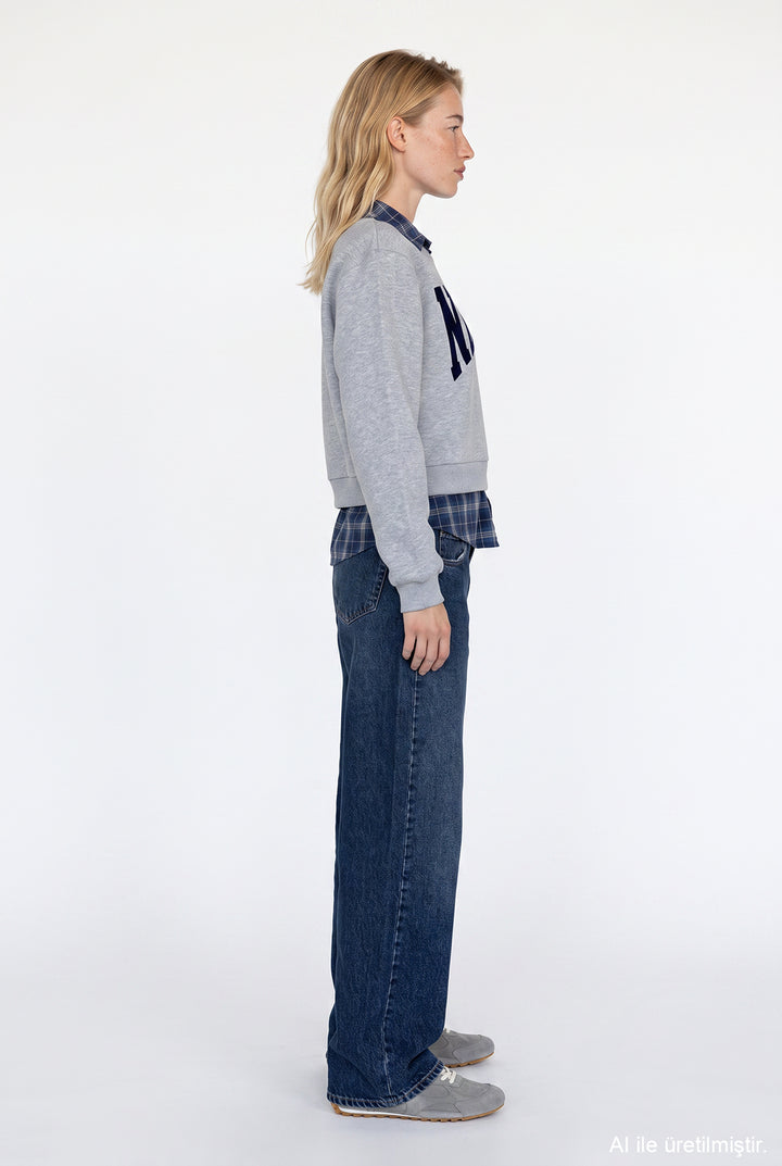 Ekose Garnili New York Yazılı Oversize Sweatshirt Grimelanj