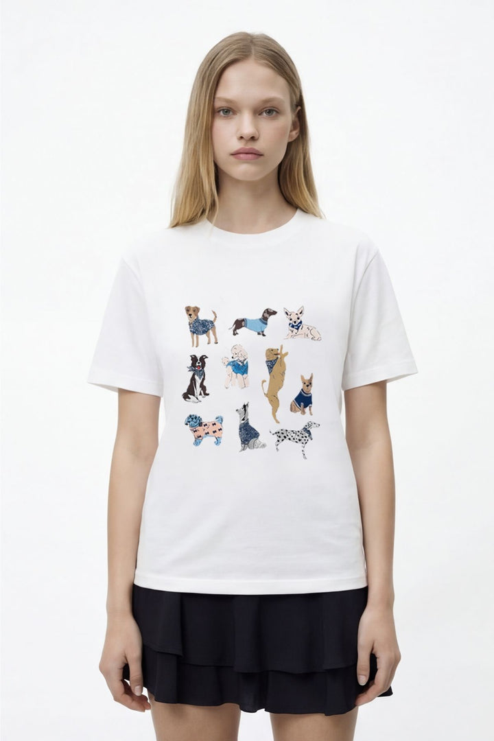 Köpek Figürlü Oversize Tişört Ekru
