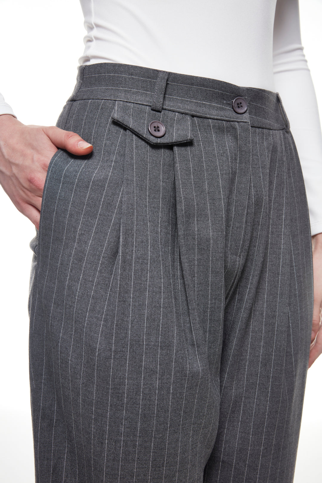 Button Detailed Striped Trousers Dark Gray