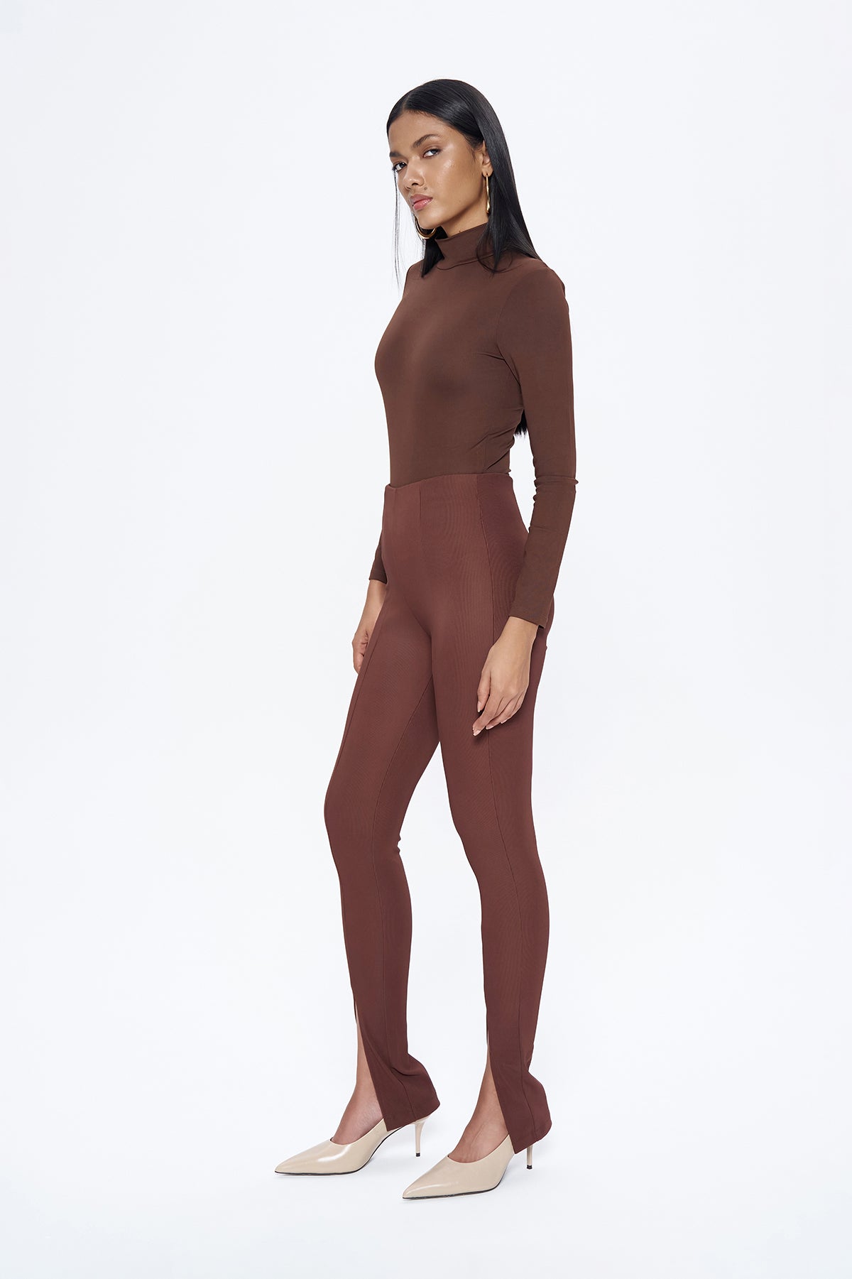 Elastic Waist Slit Trousers Brown