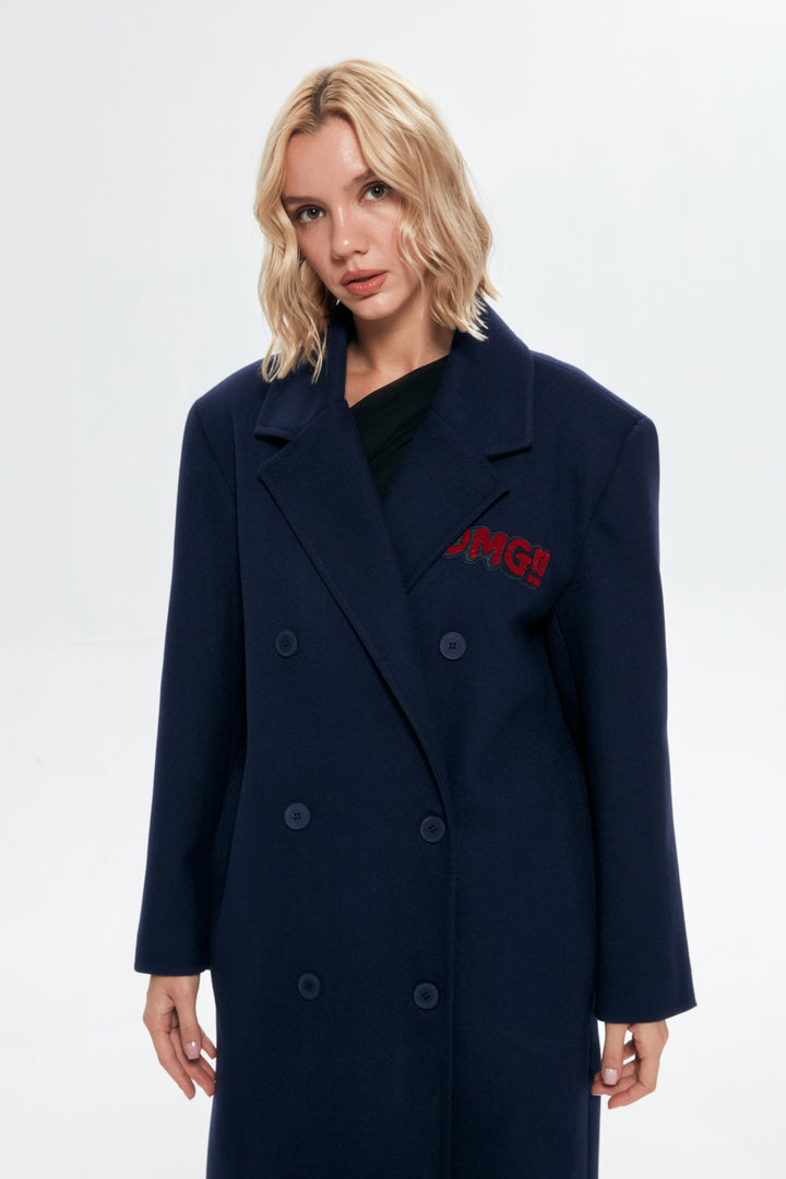 Nakış Detaylı Kaşe Uzun Kaban Lacivert