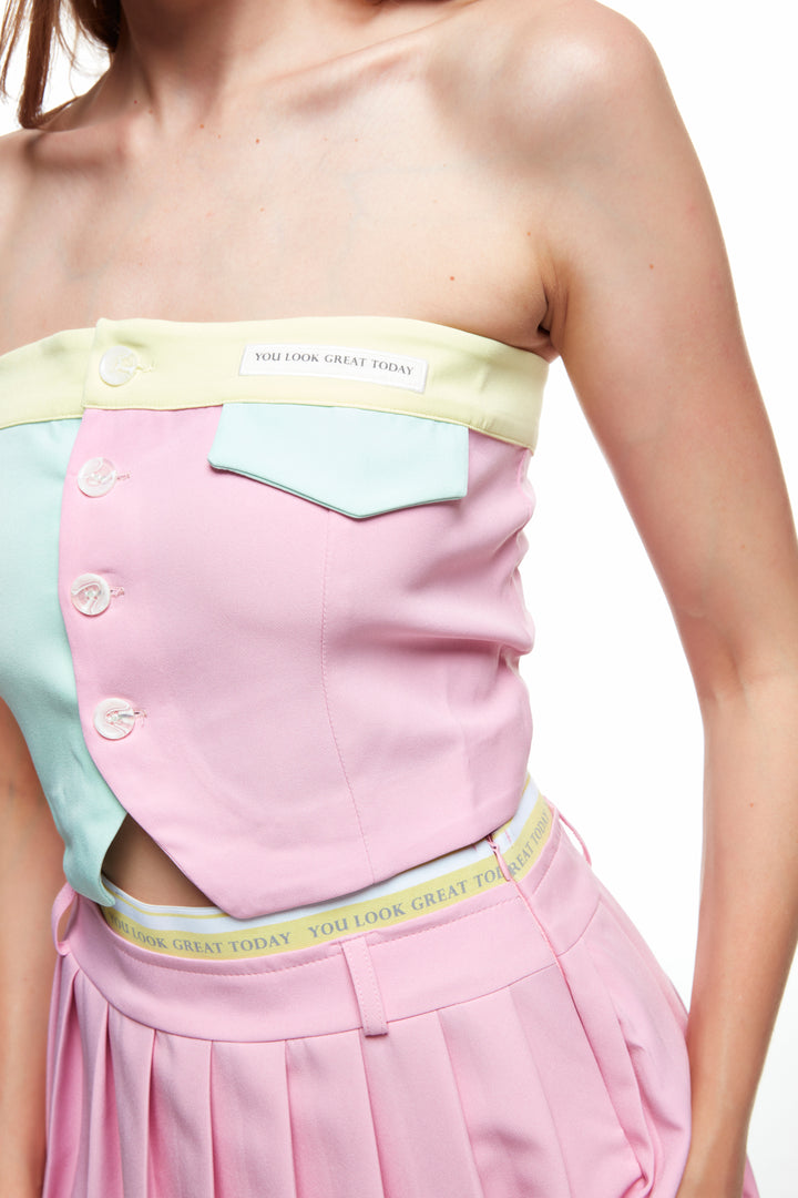 Button Detailed Colorful Strapless Blouse Pink