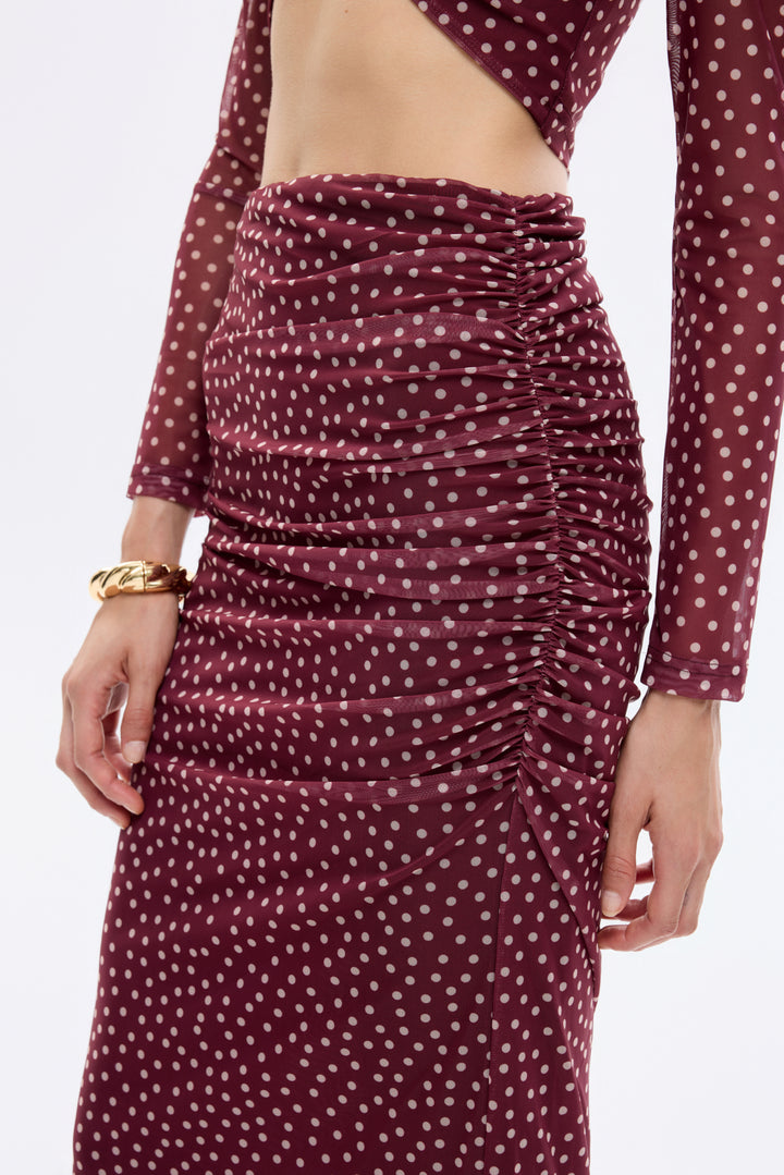 Puantiyeli Drape Detaylı Transparan Midi Etek Mürdüm