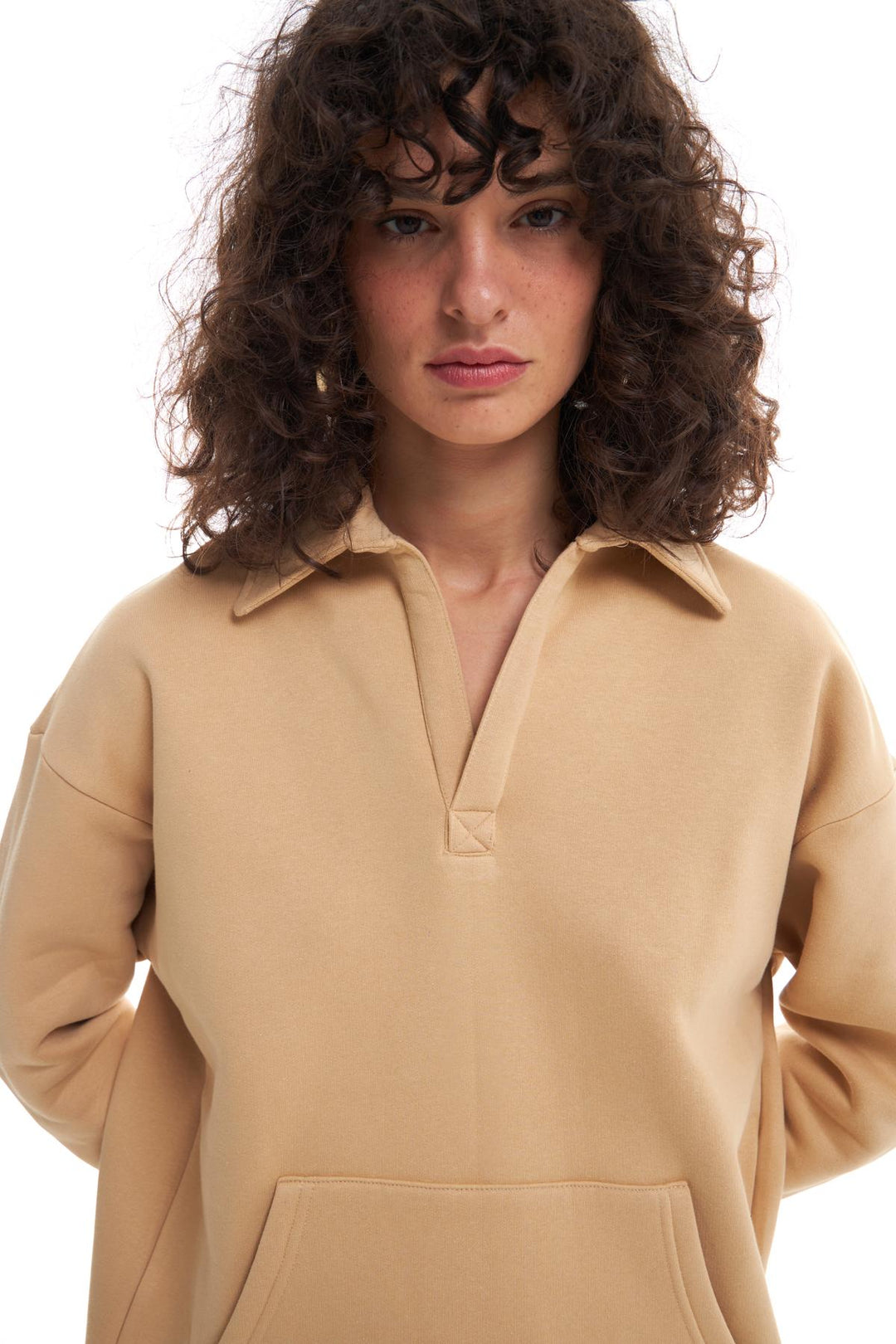 Kangaroo Pocket Polo Neck Sweatshirt Beige