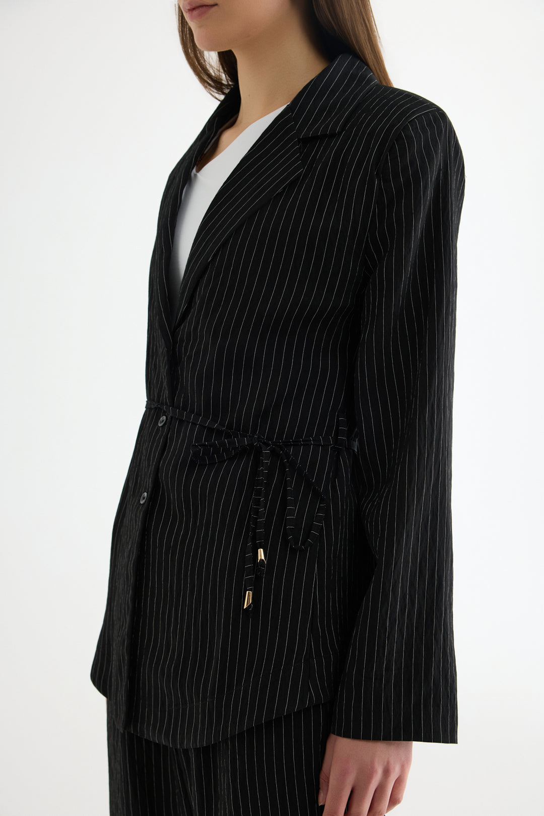 Çizgili Bağcıklı Gömlek Ceket Siyah