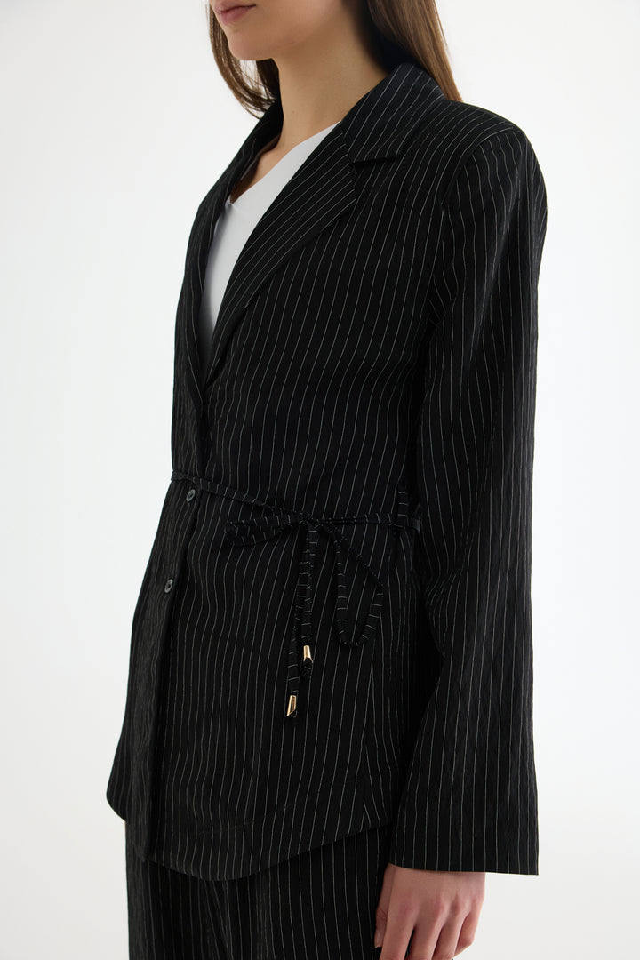 Çizgili Bağcıklı Gömlek Ceket Siyah