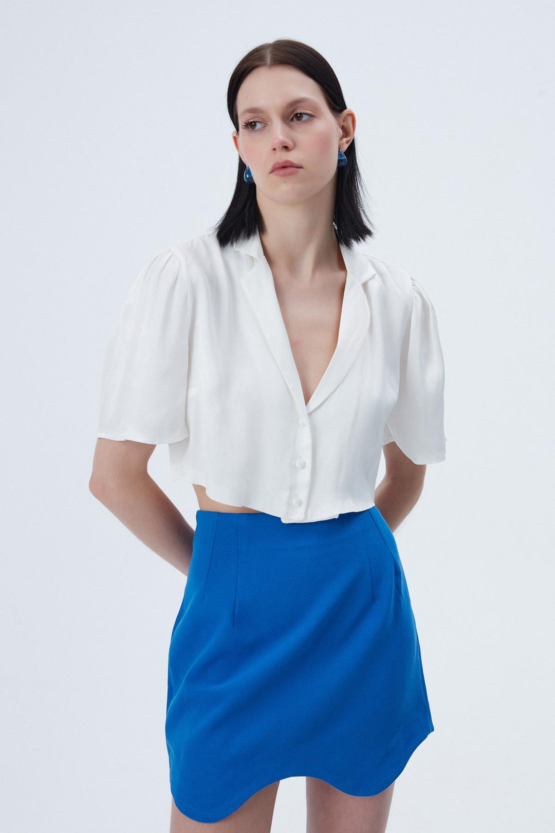 Button Detailed Crop Satin Shirt Ecru