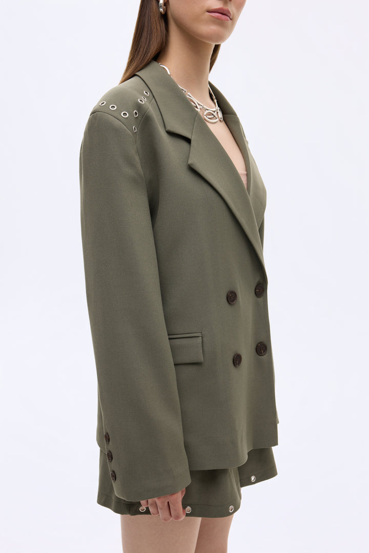 Kuş Gözü Detaylı Çift Düğmeli Oversize Blazer Ceket Haki