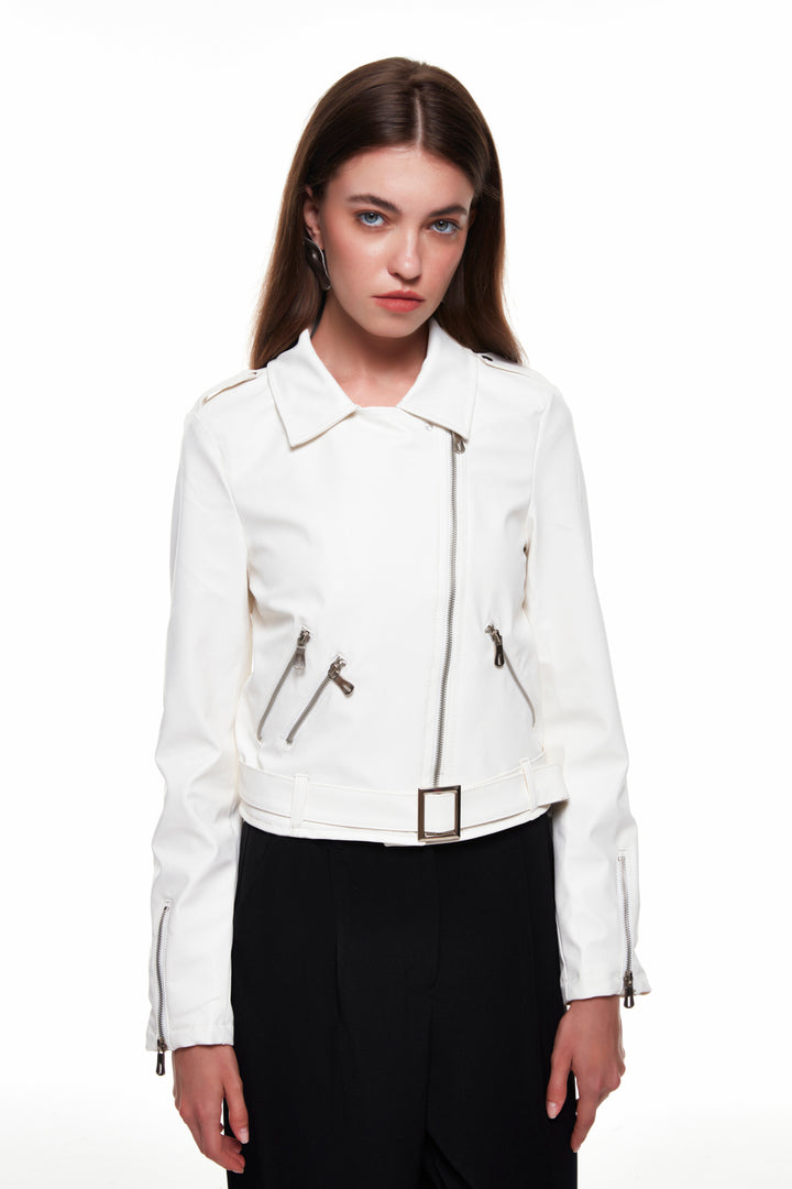 Pocket Biker Leather Jacket White