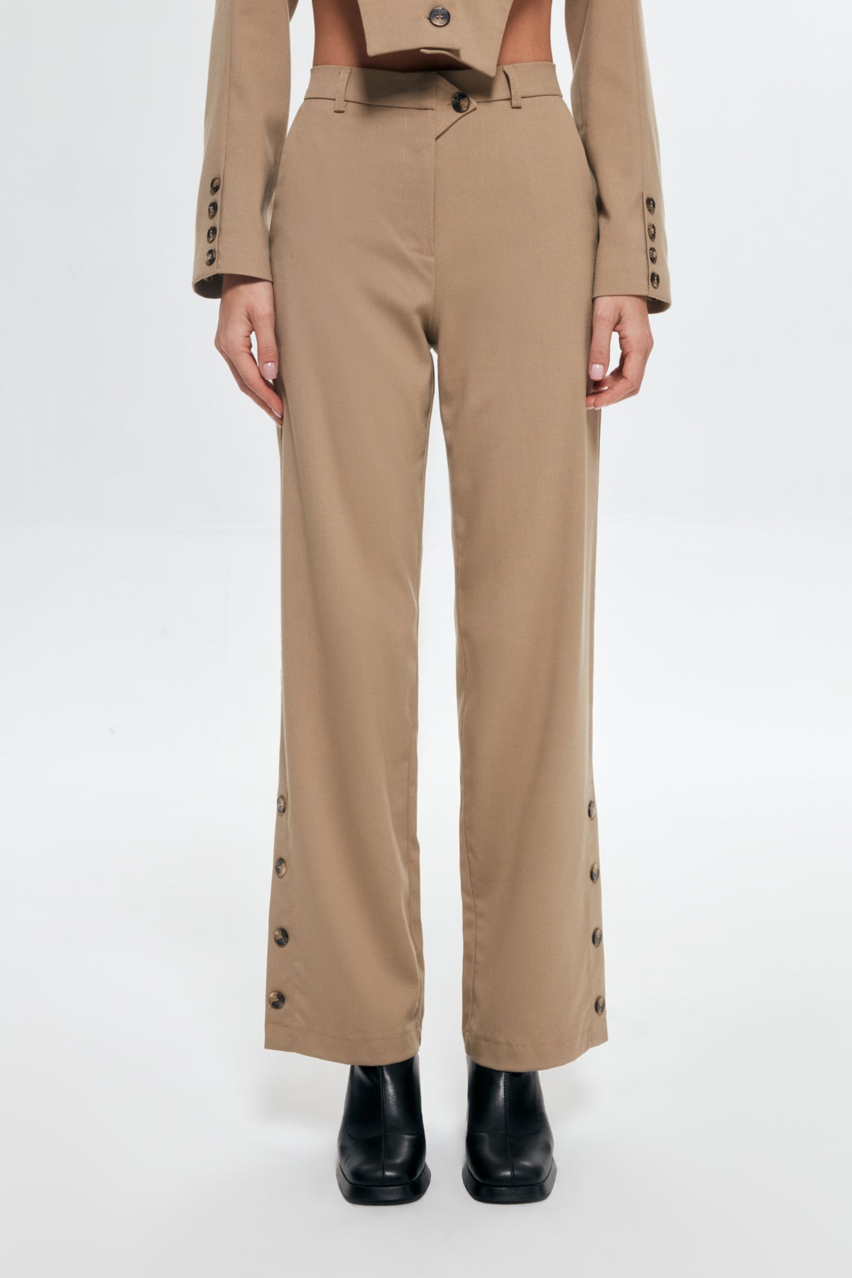 Button Detailed High Waist Trousers Beige