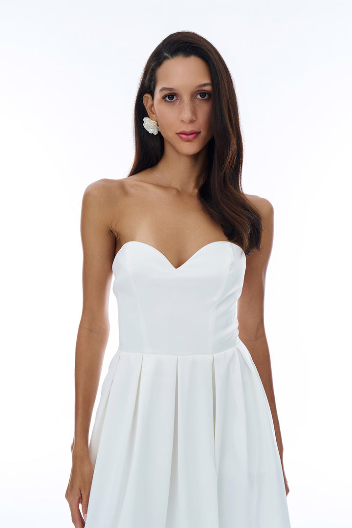 Kalp Yaka Straplez Pileli Elbise Ekru