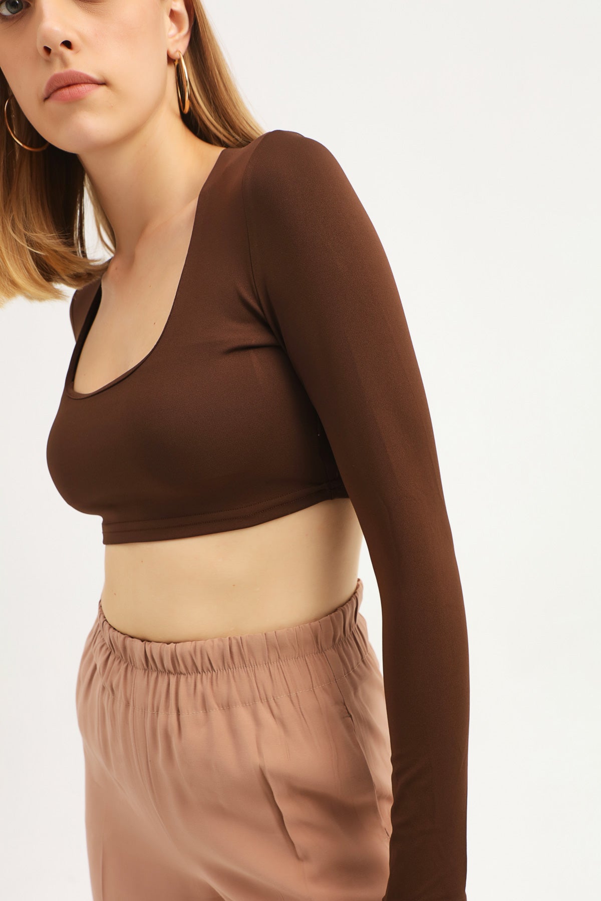 Square Neck Crop Blouse Dark Brown