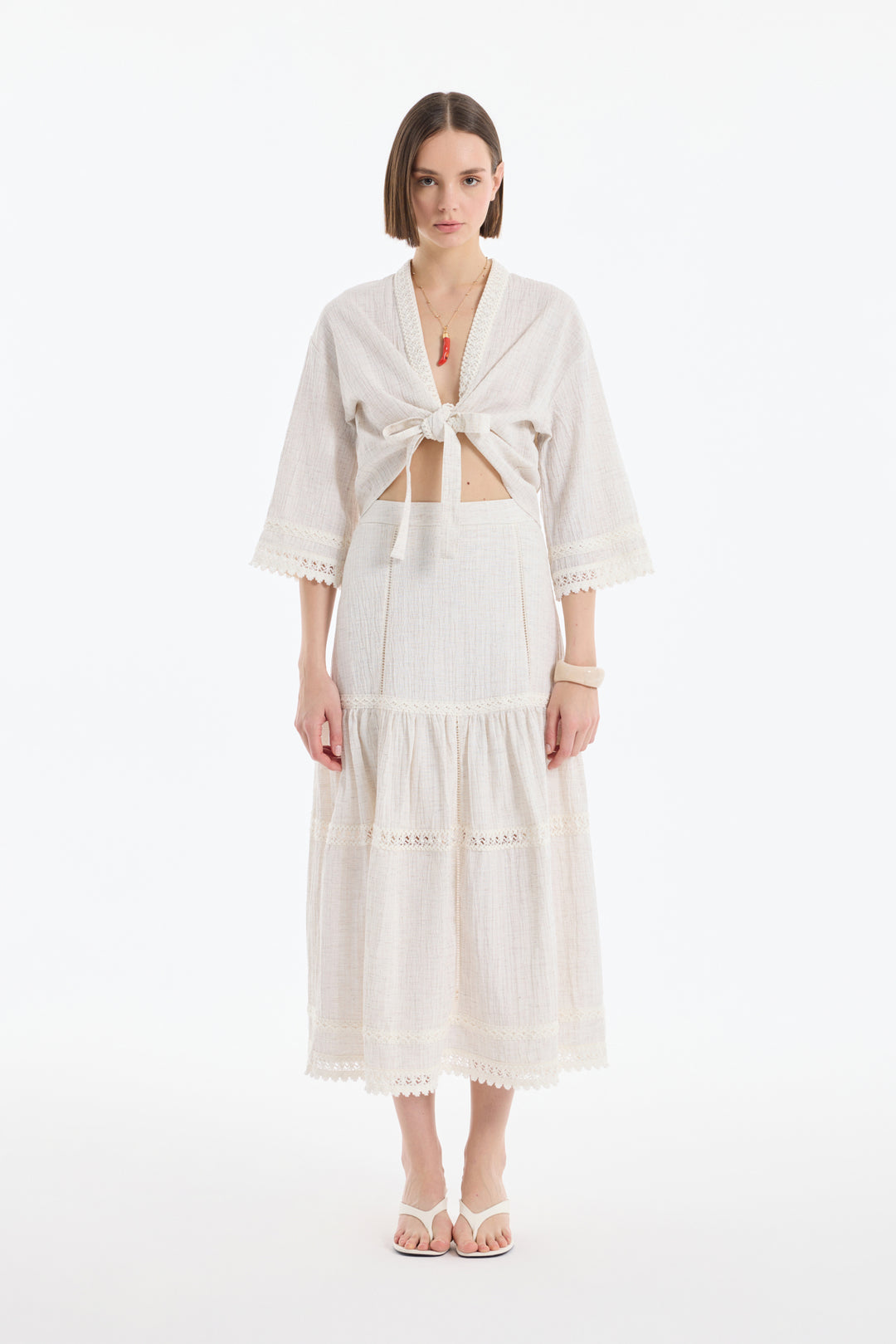 Şerit Dantelli Bağlamalı Kimono Naturel