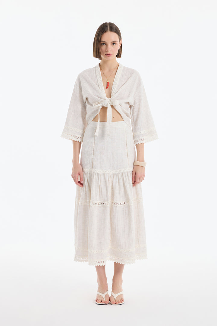 Şerit Dantelli Bağlamalı Kimono Naturel