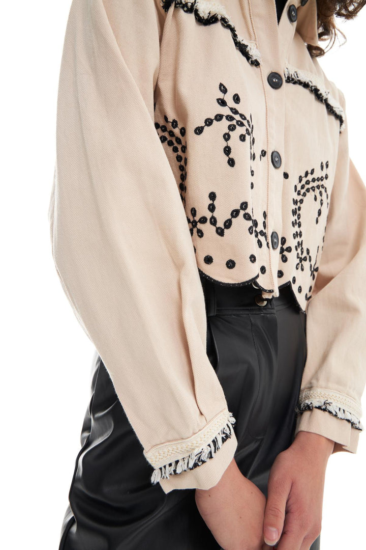 Püskül Detaylı Crop Ceket Taş