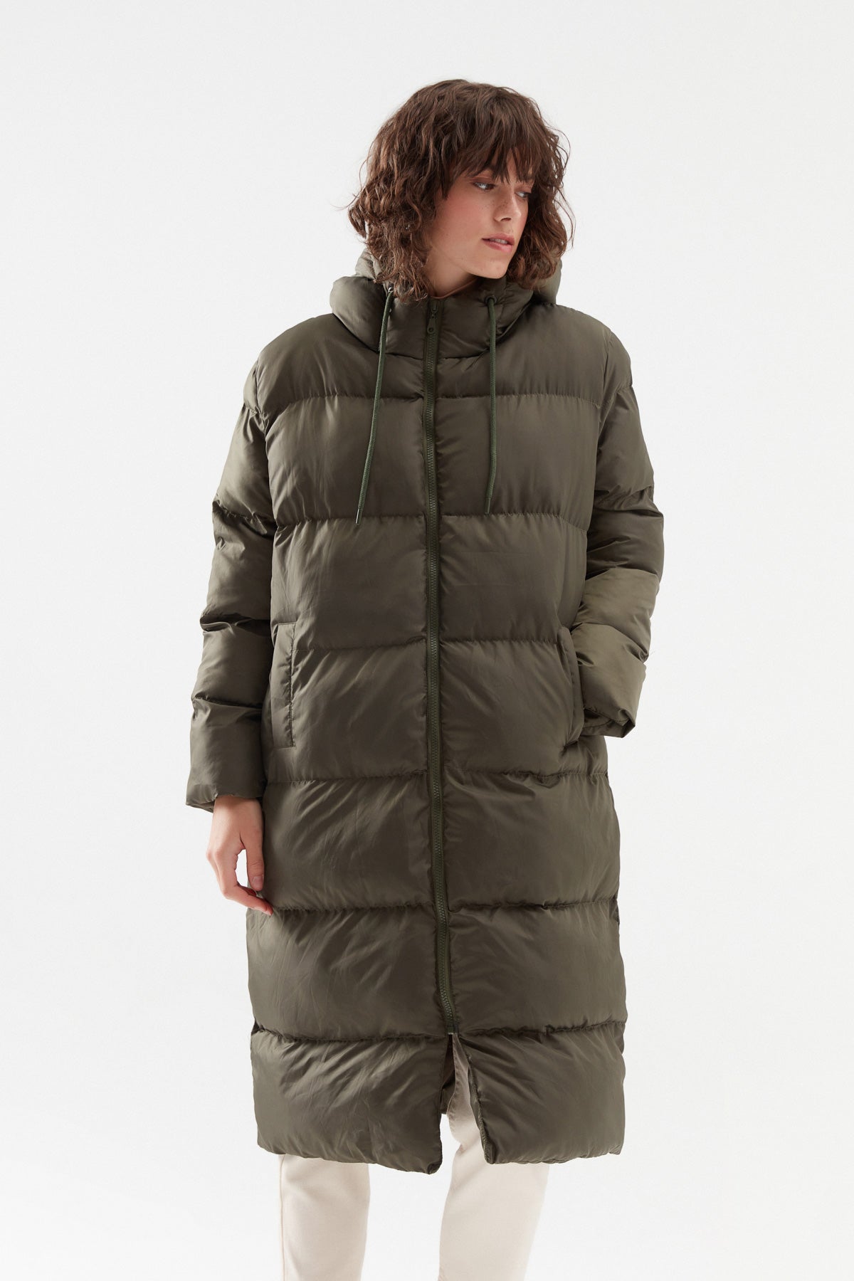 Hooded Long Inflatable Coat Khaki