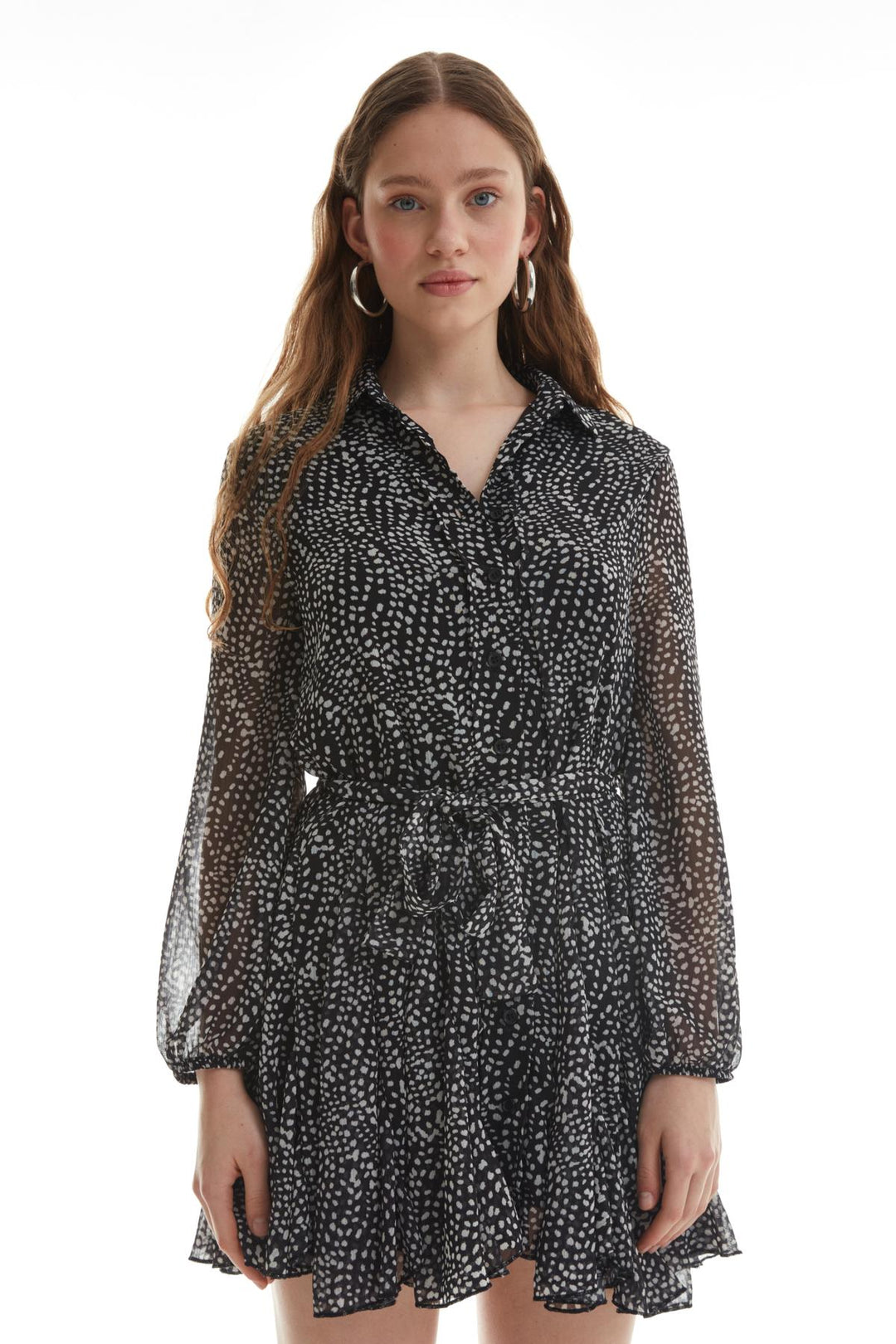 Shirt Collar Belted Mini Dress Black