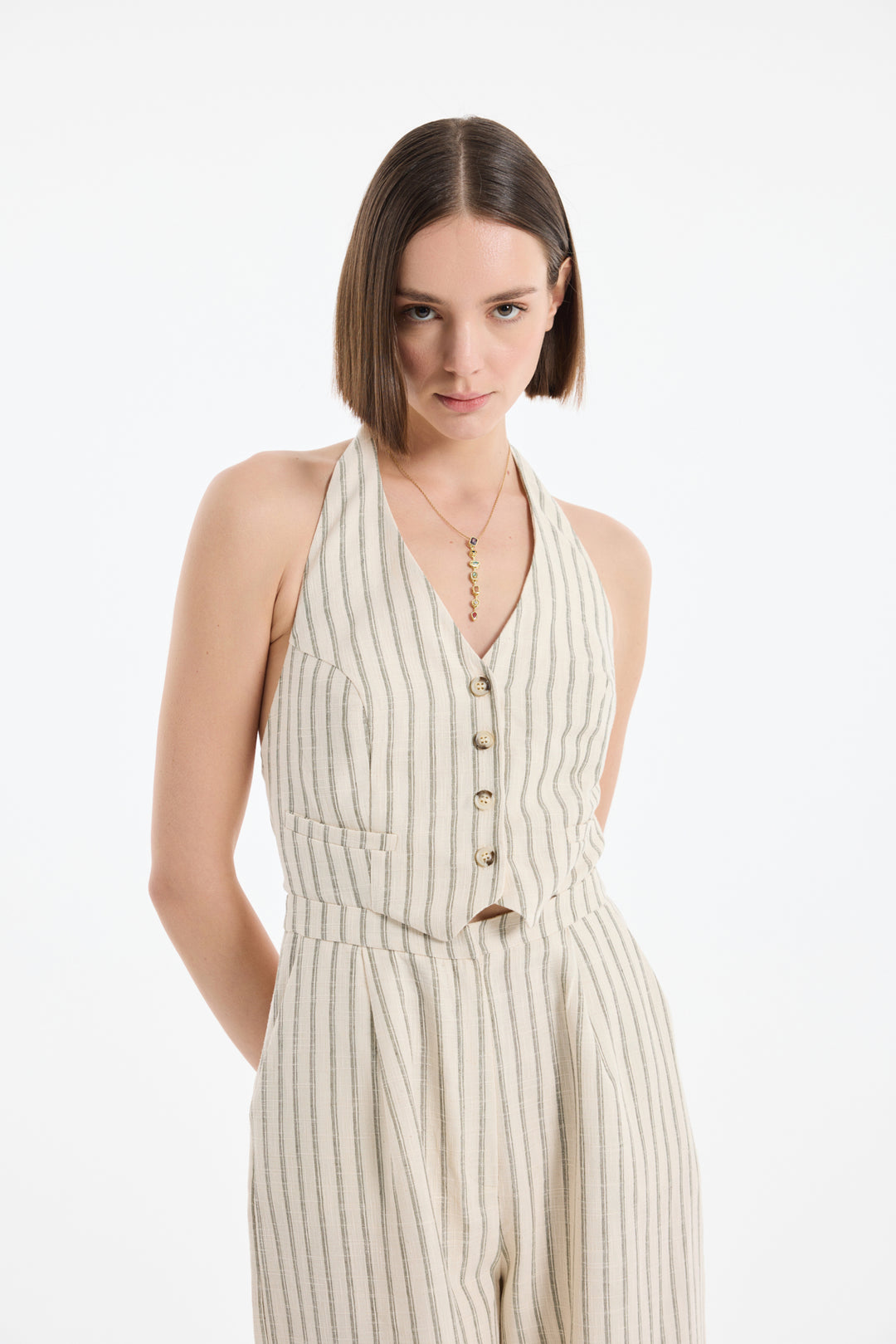 Halter Yakalı Çizgili Uzun Tulum Naturel