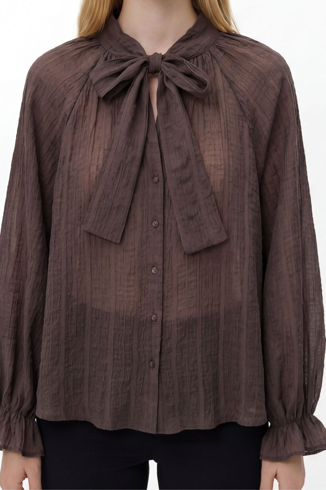 Yakası Bağlamalı Transparan Bluz Kahverengi