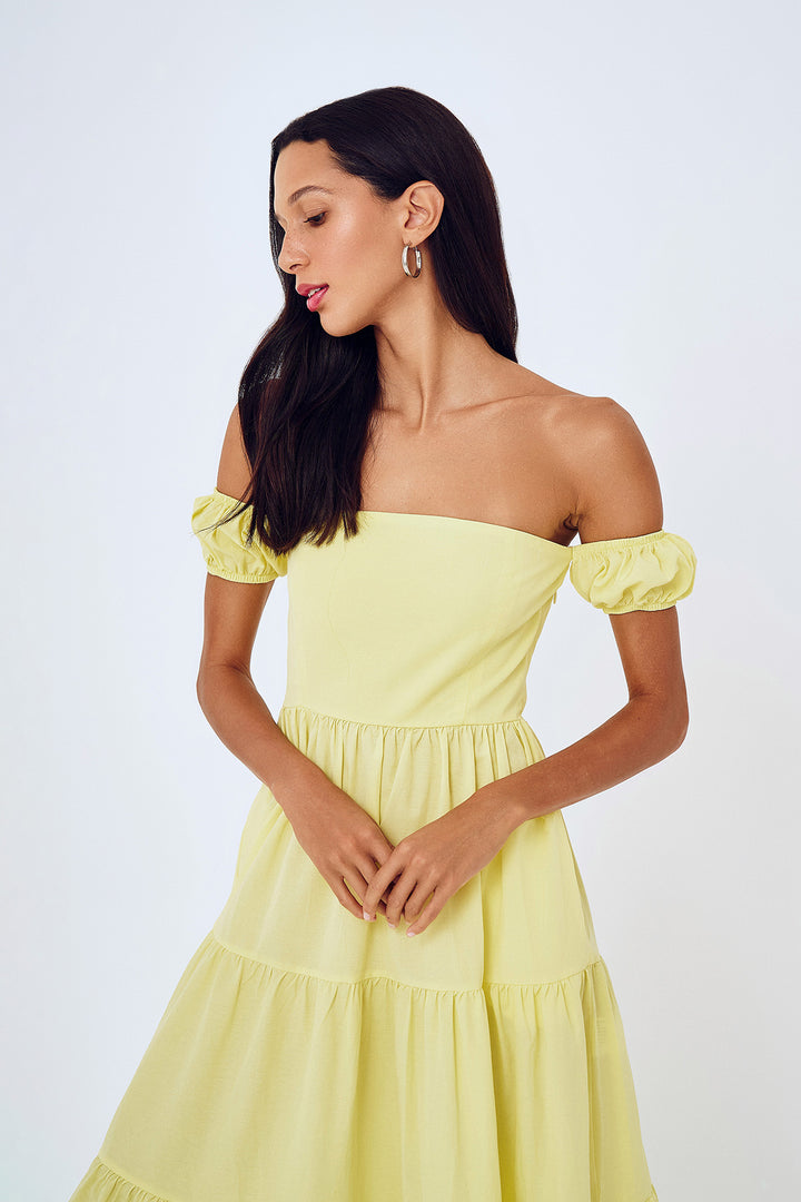 Düşük Omuz Elbise Sarı