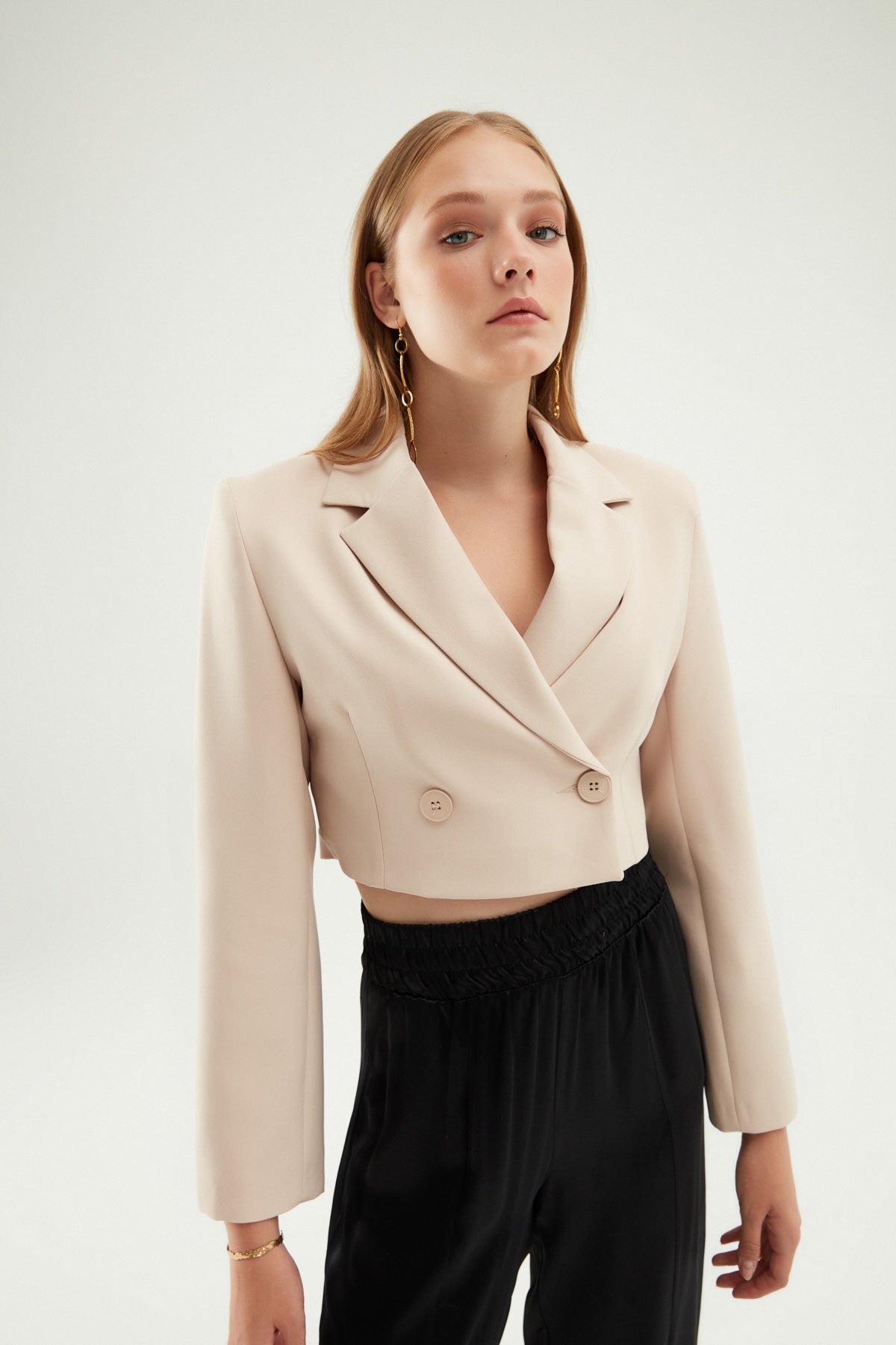 Double Breasted Crop Blazer Jacket Stone