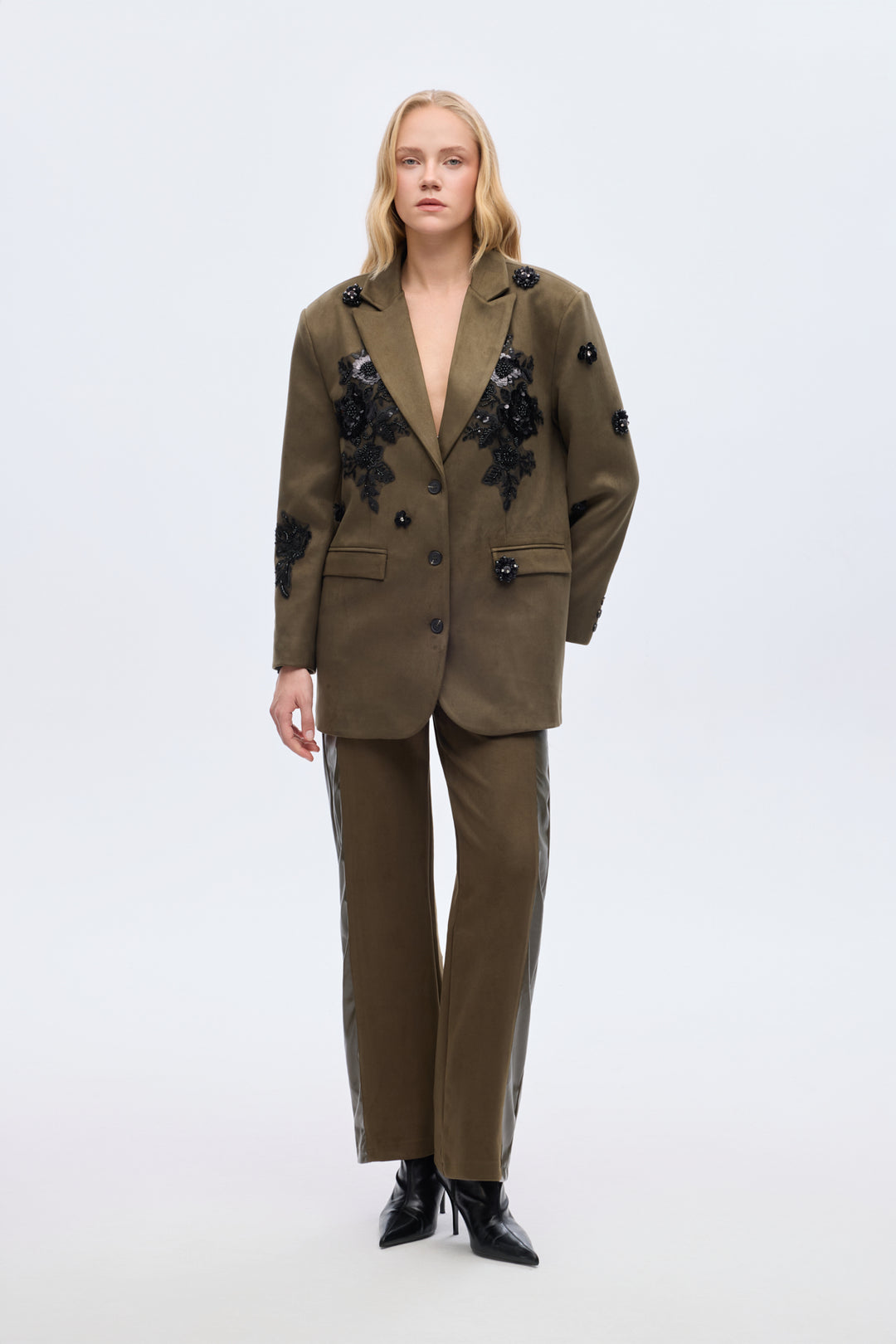 Dantel Aplikeli Süet Blazer Ceket Haki