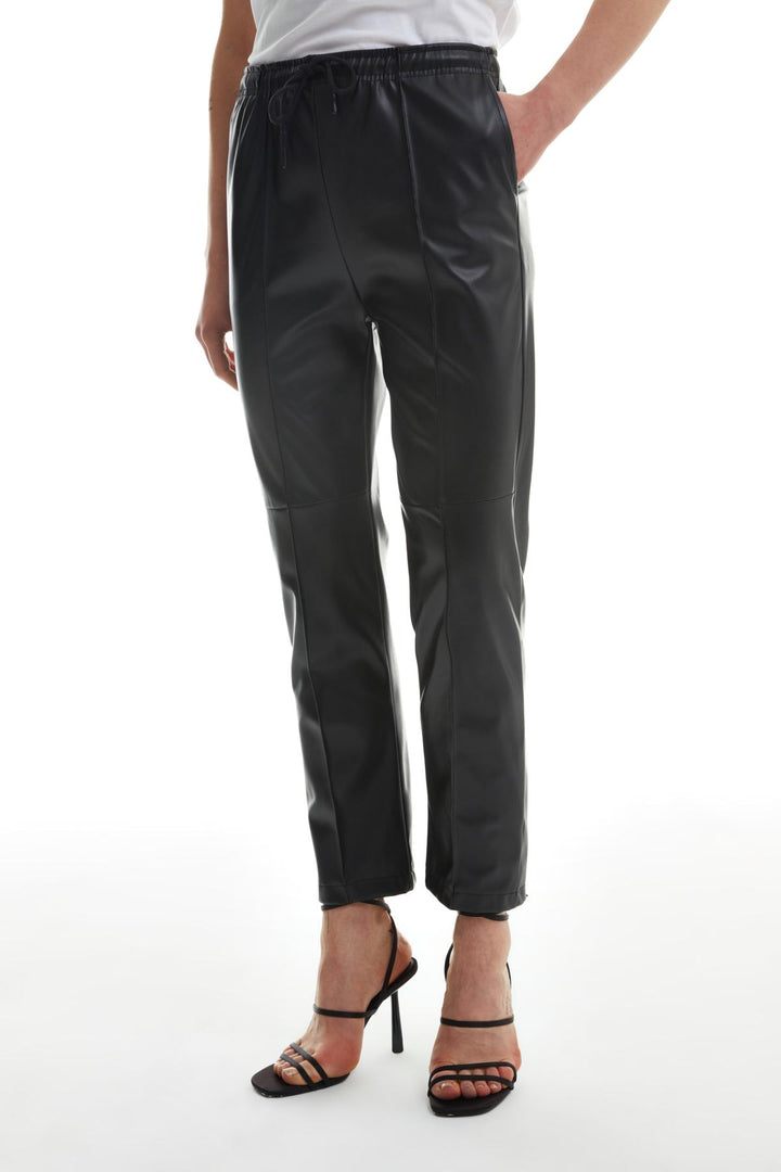 Elastic Waist Leather Trousers Black