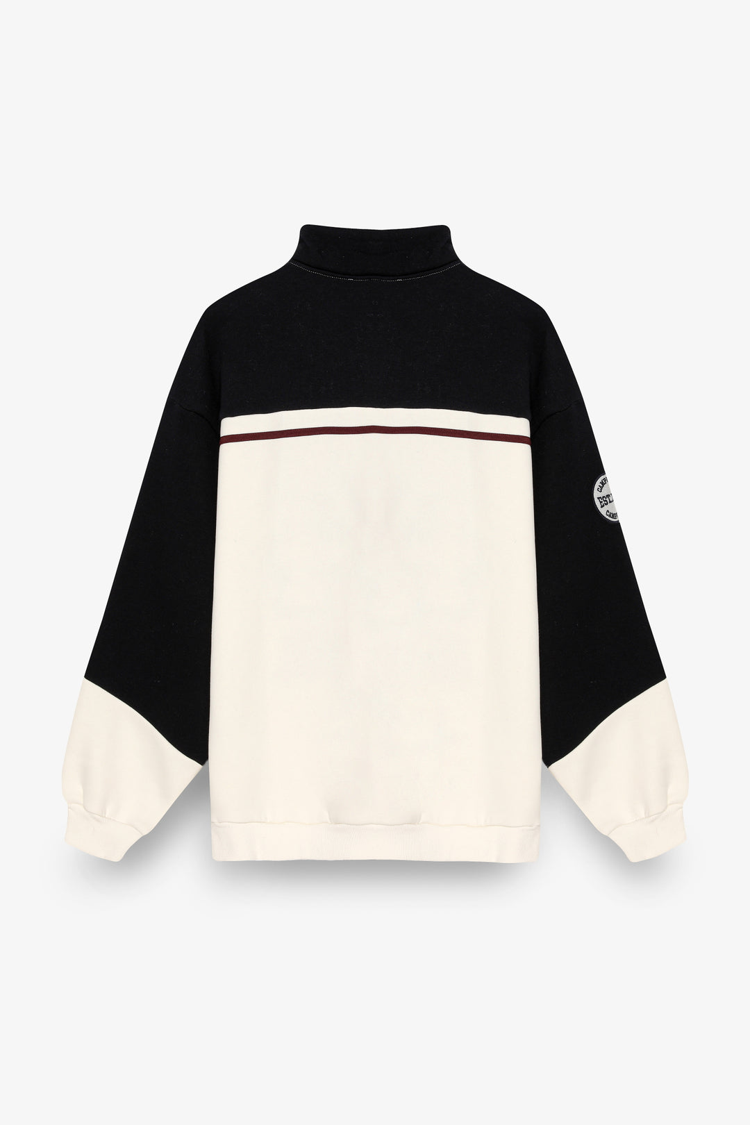 Dik Yaka Fermuarlı Renk Bloklu Oversize Sweatshirt Ekru