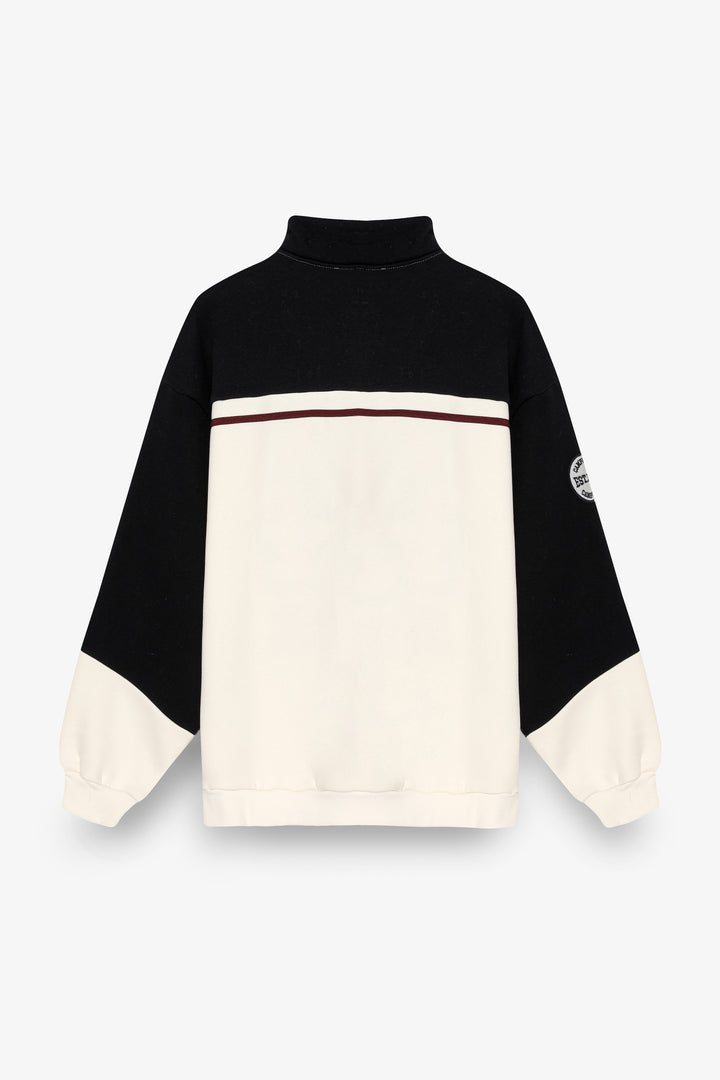 Dik Yaka Fermuarlı Renk Bloklu Oversize Sweatshirt Ekru