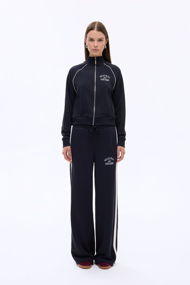 Sırtı Yazı Baskılı Dik Yaka Fermuarlı Sweatshirt Lacivert