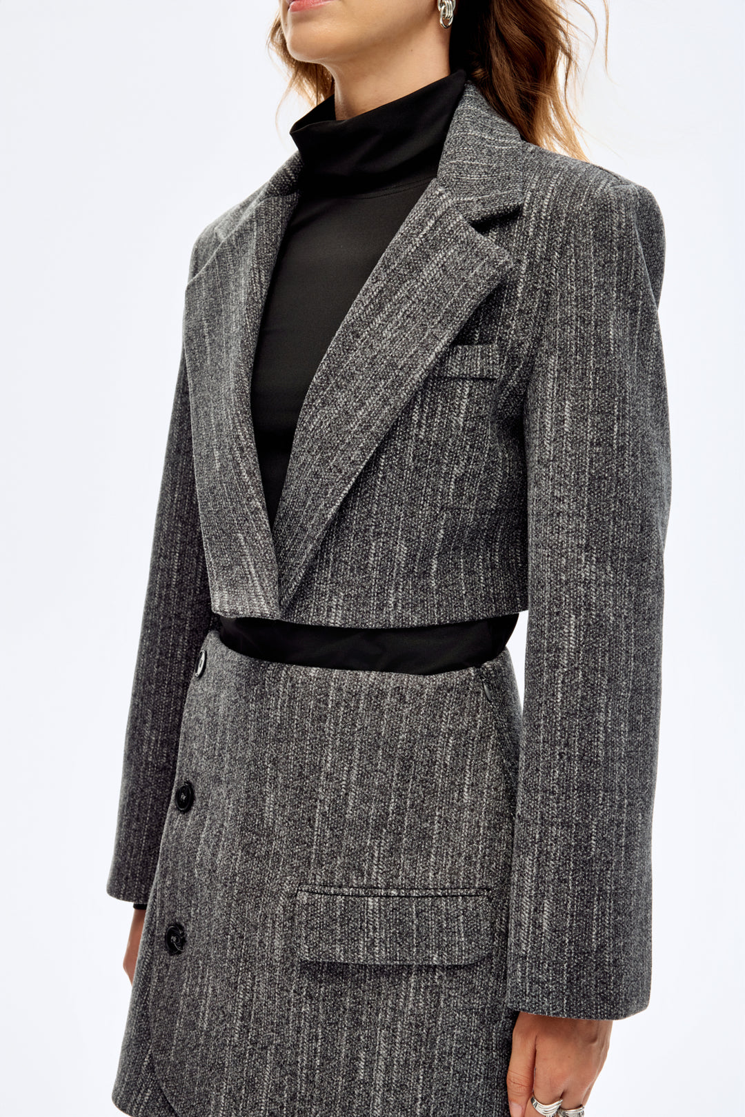 Kruvaze Yaka Kaşe Crop Blazer Ceket Antrasit