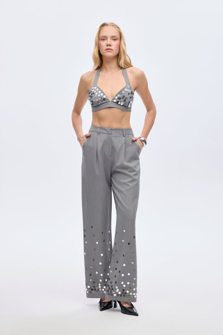 Payet İşlemeli Palazzo Pantolon Gri