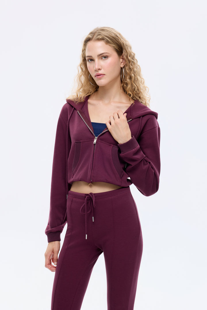 Kapüşonlu Fermuarlı Basic Sweatshirt Bordo