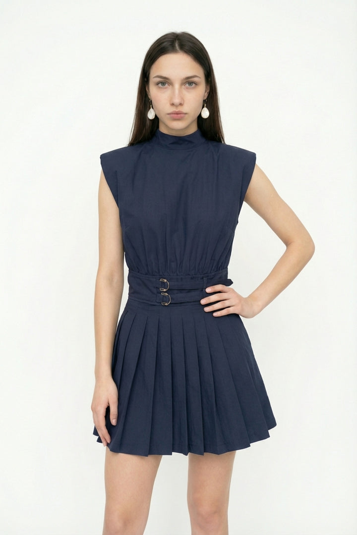 Vatkalı Dik Yaka Pileli Mini Elbise Lacivert