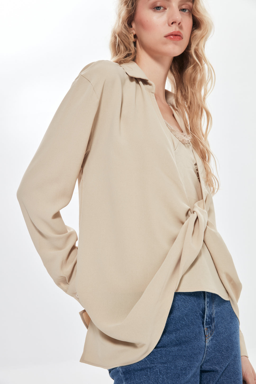 Undershirt Tie Detailed Shirt Beige