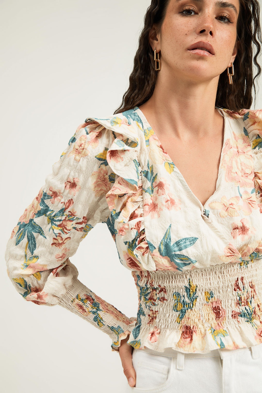Floral Frilled Double Breasted Blouse Ecru