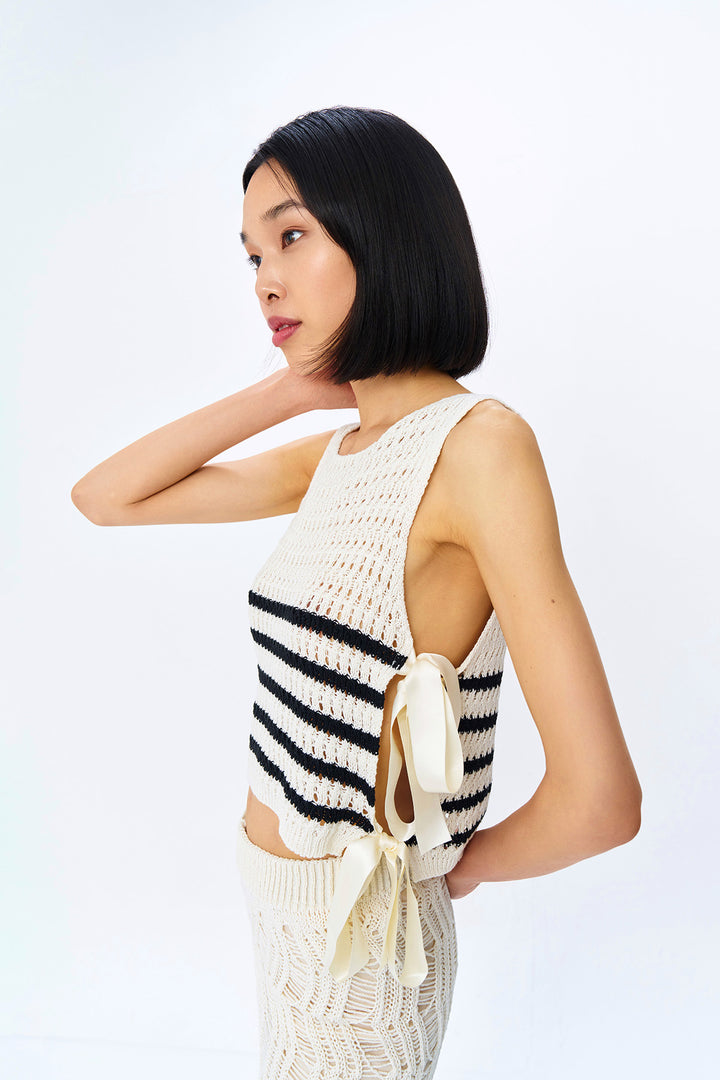 Yanları Bağlama Detaylı Çizgili Triko Krem