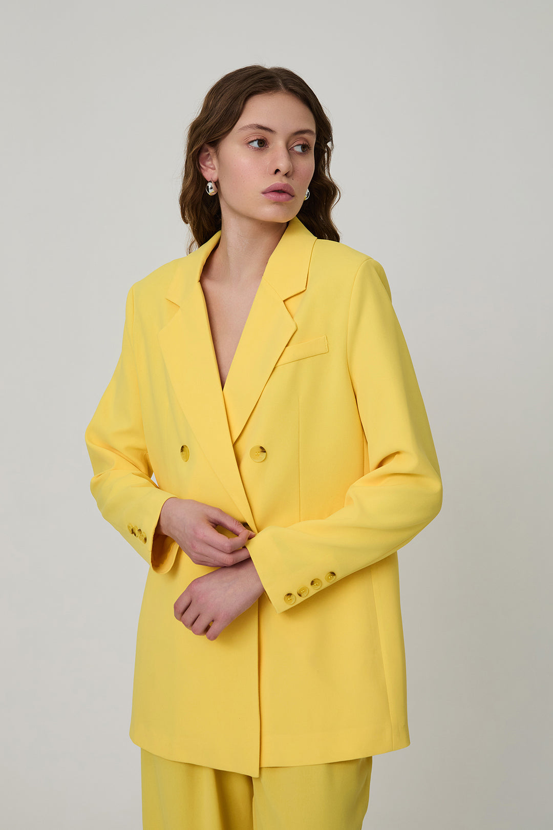 Düğme Detaylı Kruvaze Yaka Oversize Blazer Ceket Sarı