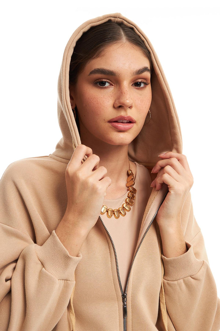 Fermuarlı Kapüşonlu Sweatshirt Bej