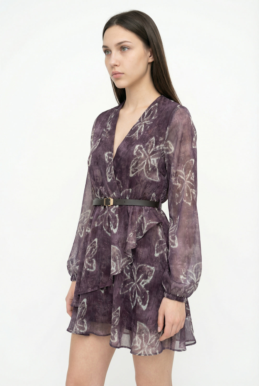 Çiçek Desenli Kemerli Şifon Mini Elbise Kahverengi